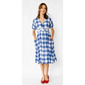 Mara Hoffman Blue White Gingham Wrap Midi Dress SZ Med